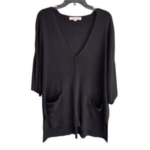 LOFT Oversized Black Ribbed Wool-Blend 3/4 Sleeve V-Neck Pocket Tunic Sweater XL